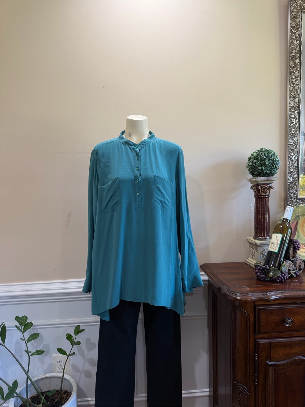 Eileen Fisher Relaxed Teal Silk Long-Sleeve Button Up Shirt